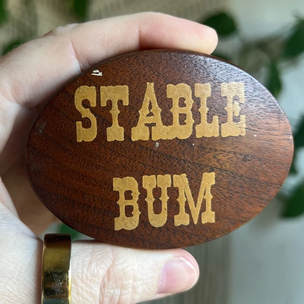 Vintage “Stable Bum” Wood Belt Buckle Western Equestrian Humor